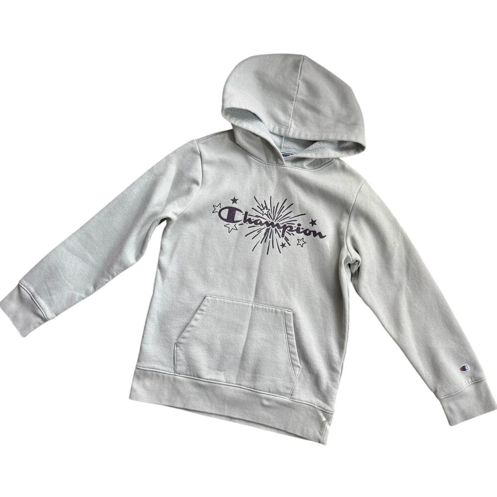 Champion Girls Light Sage Green Glitter Logo Pullover Hoodie Size Large 14